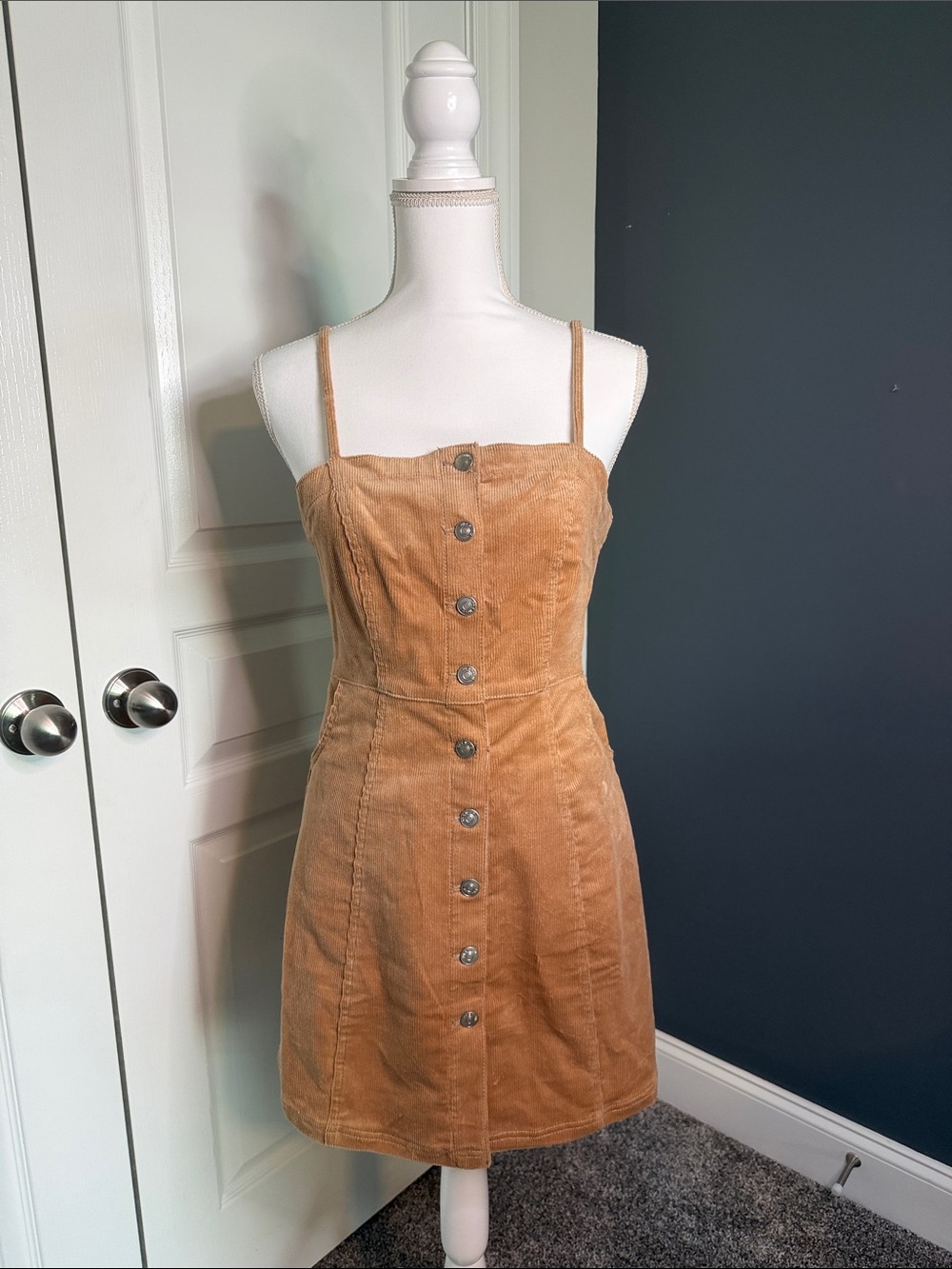 Women's Tan Corduroy Button-Front Dress with Pockets